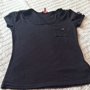 Guess Classic Black Women's Short Sleeve Criss Cross Open Sleeve Tee Top Size M